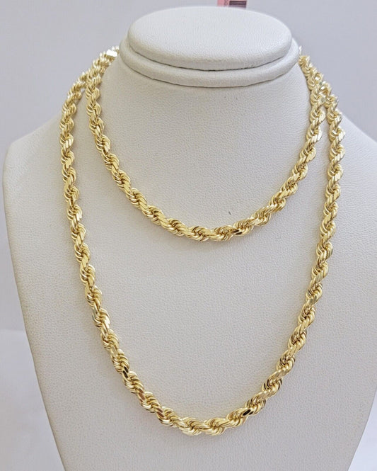 Real 14k Yellow Gold Rope Chain Necklace 24 Inch 4.5mm Diamond Cuts SOLID 14 KT - Reva Jeweler