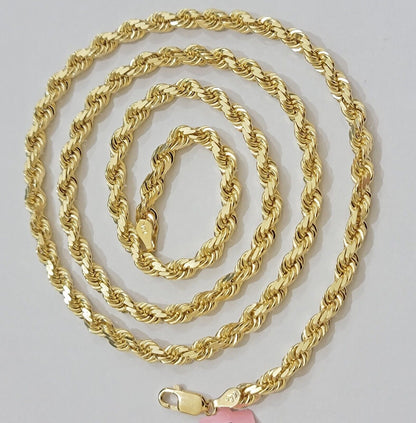 Real 14k Yellow Gold Rope Chain Necklace 4.5mm 18 - 26 Inch Diamond Cut SOLID 14K - Reva Jeweler
