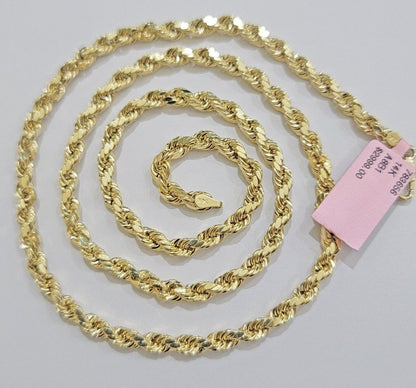 Real 14k Yellow Gold Rope Chain Necklace 4mm 18-26 Inch Diamond Cut Mens 14kt
