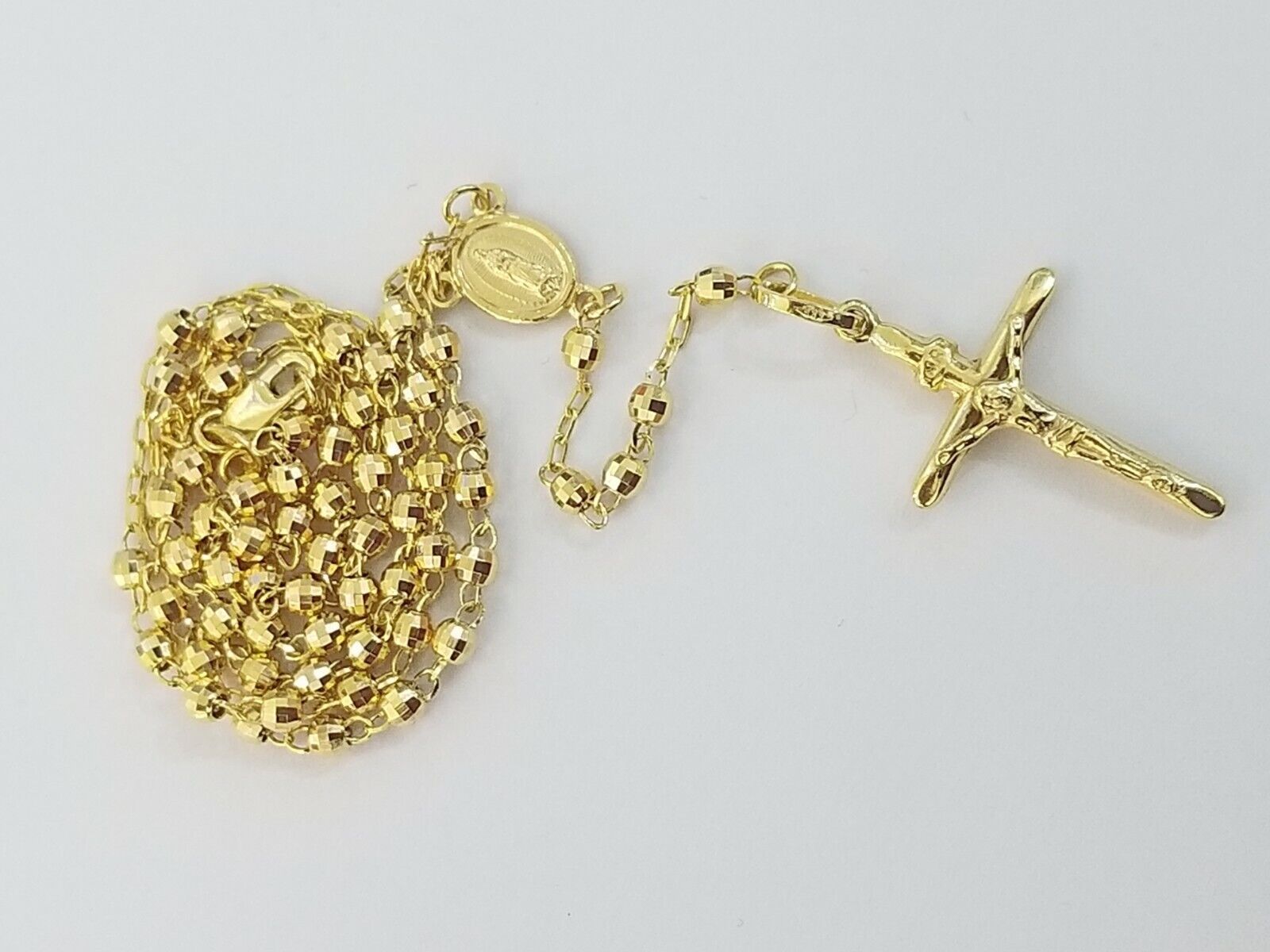 Real 14k Yellow Gold Rosary Necklace Women 21" Jesus Crucifix Diamond Cut Solid - Reva Jeweler