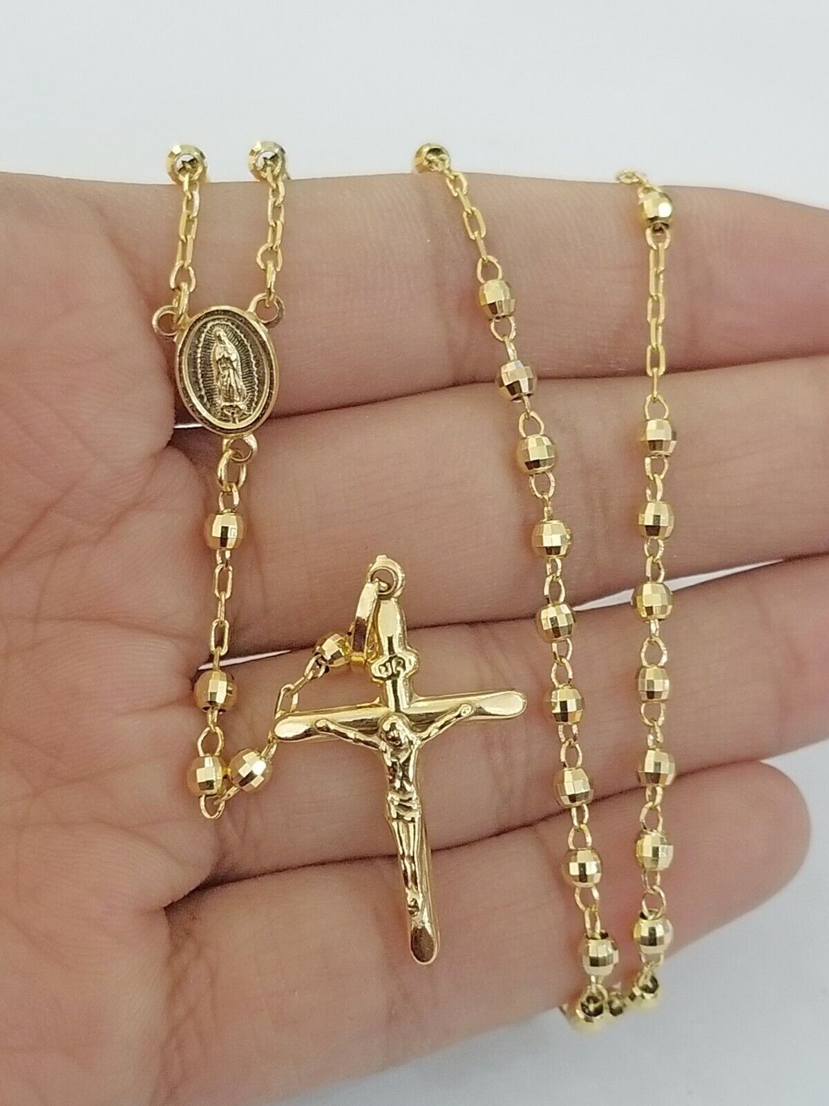 Real 14k Yellow Gold Rosary Necklace Women 21" Jesus Crucifix Diamond Cut Solid - Reva Jeweler