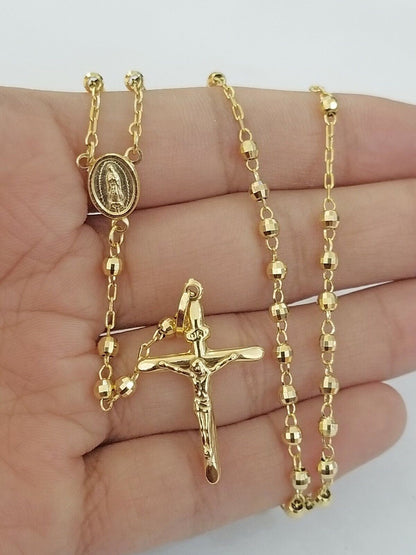 Real 14k Yellow Gold Rosary Necklace Women 21" Jesus Crucifix Diamond Cut Solid - Reva Jeweler