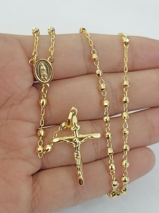 Real 14k Yellow Gold Rosary Necklace Women 21" Jesus Crucifix Diamond Cut Solid - Reva Jeweler