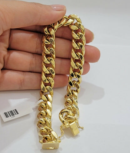 Real 14kt Gold Bracelet Miami Cuban Link 11mm 8.5"Inch Box Lock, Mens 14k STRONG - Reva Jeweler