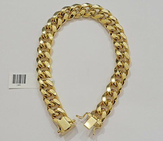 Real 14kt Gold Bracelet Miami Cuban Link 11mm 9" Inch Box Lock, Mens 14k STRONG - Reva Jeweler