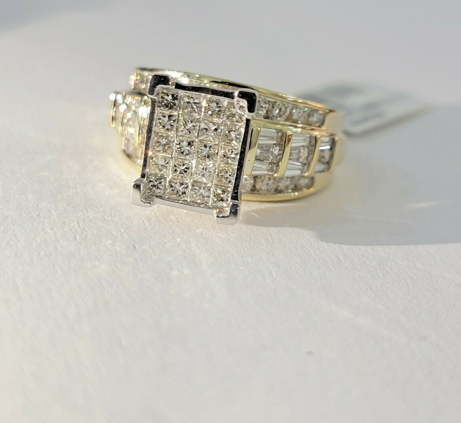 Real 14kt Gold Diamond Ladies Ring 2CT Princess Cut Baguette Round, Yellow Gold - Reva Jeweler