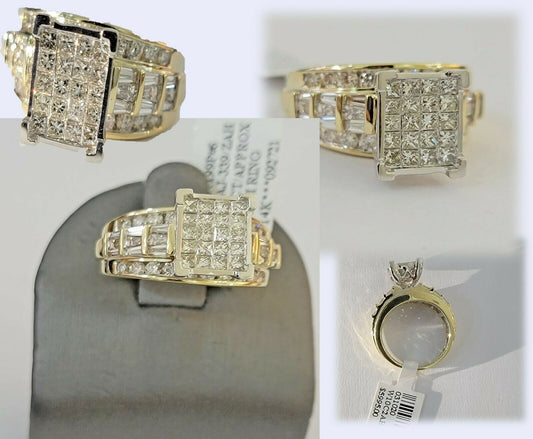 Real 14kt Gold Diamond Ladies Ring 2CT Princess Cut Baguette Round, Yellow Gold - Reva Jeweler