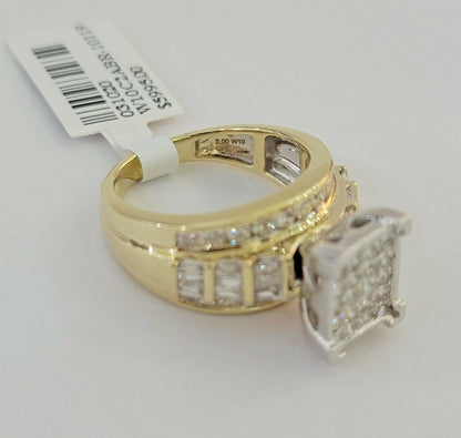 Real 14kt Gold Diamond Ladies Ring 2CT Princess Cut Baguette Round, Yellow Gold - Reva Jeweler
