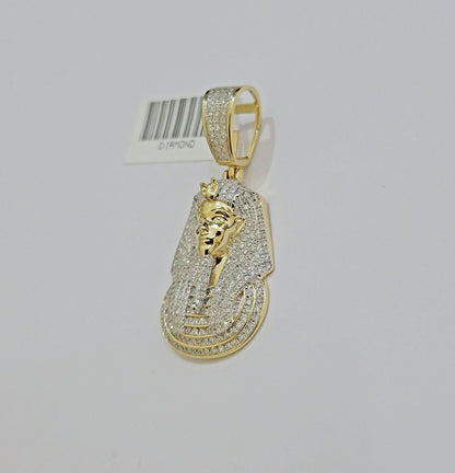 Real Diamond Charm Pendant Pharoah Head 10k Yellow Gold Solid For mens 1.5 Inch - Reva Jeweler
