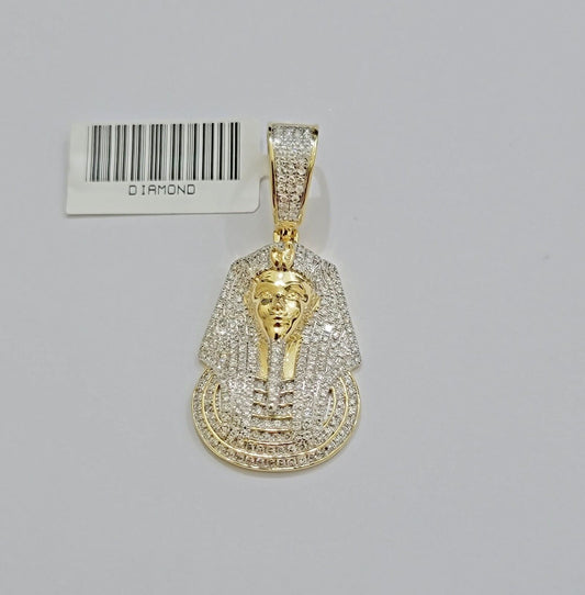 Real Diamond Charm Pendant Pharoah Head 10k Yellow Gold Solid For mens 1.5 Inch - Reva Jeweler