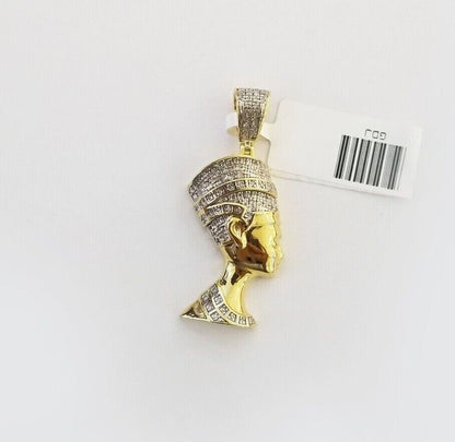 Real Diamond Egyptian Queen Nefertiti Pendant 10K Yellow Gold Charm Men - Reva Jeweler