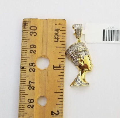 Real Diamond Egyptian Queen Nefertiti Pendant 10K Yellow Gold Charm Men - Reva Jeweler