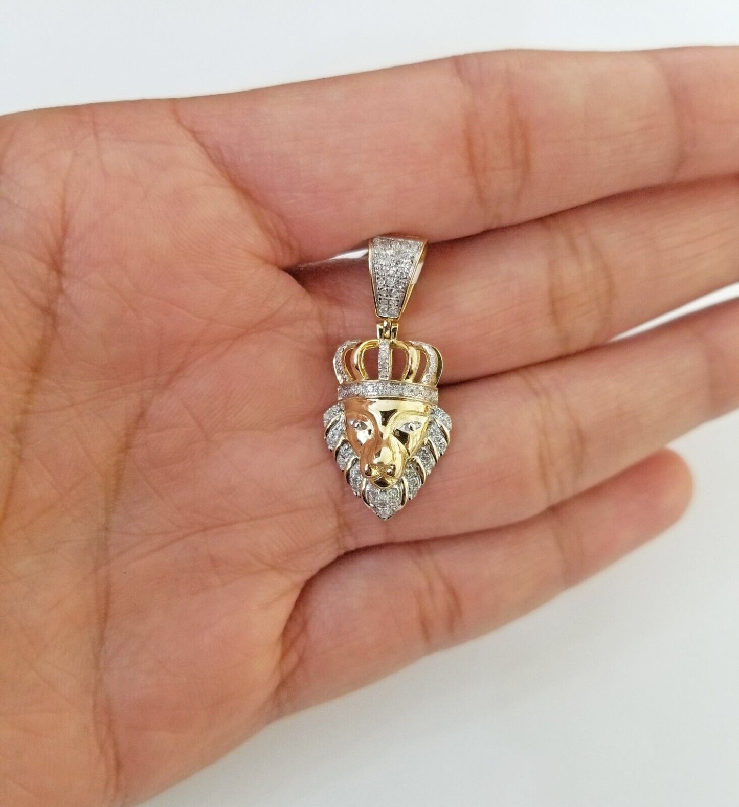 Real Diamond Pendant King Lion Head Men Crown Charm 10k Yellow Gold 1" - Reva Jeweler