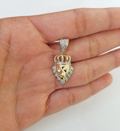 Real Diamond Pendant King Lion Head Men Crown Charm 10k Yellow Gold 1" - Reva Jeweler