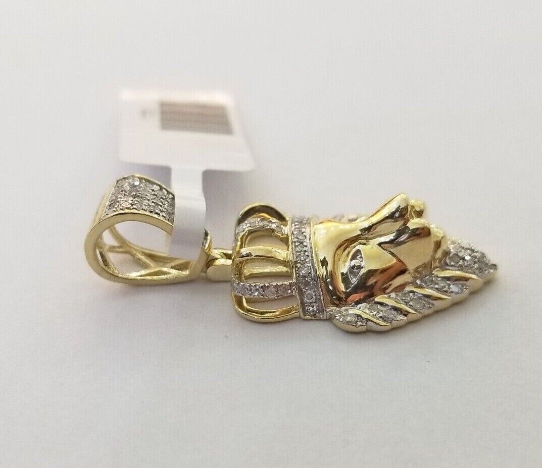 Real Diamond Pendant King Lion Head Men Crown Charm 10k Yellow Gold 1" - Reva Jeweler