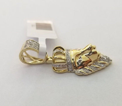 Real Diamond Pendant King Lion Head Men Crown Charm 10k Yellow Gold 1" - Reva Jeweler