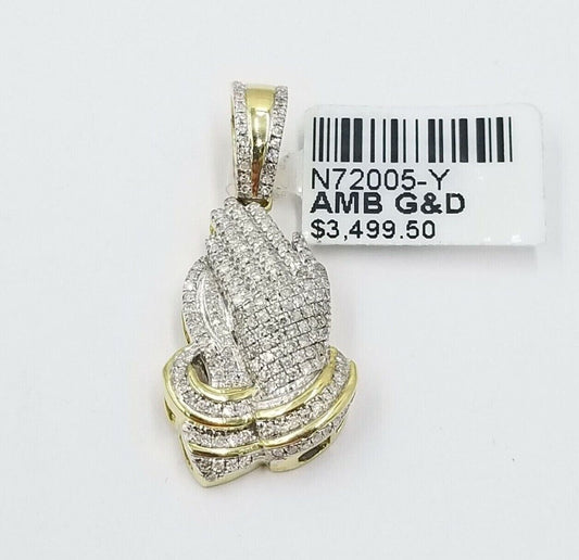 Real Diamonds Praying hand Charm Pendant 0.45CT Diamond ,10KT Real Yellow Gold - Reva Jeweler
