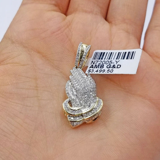 Real Diamonds Praying hand Charm Pendant 0.45CT Diamond ,10KT Real Yellow Gold - Reva Jeweler