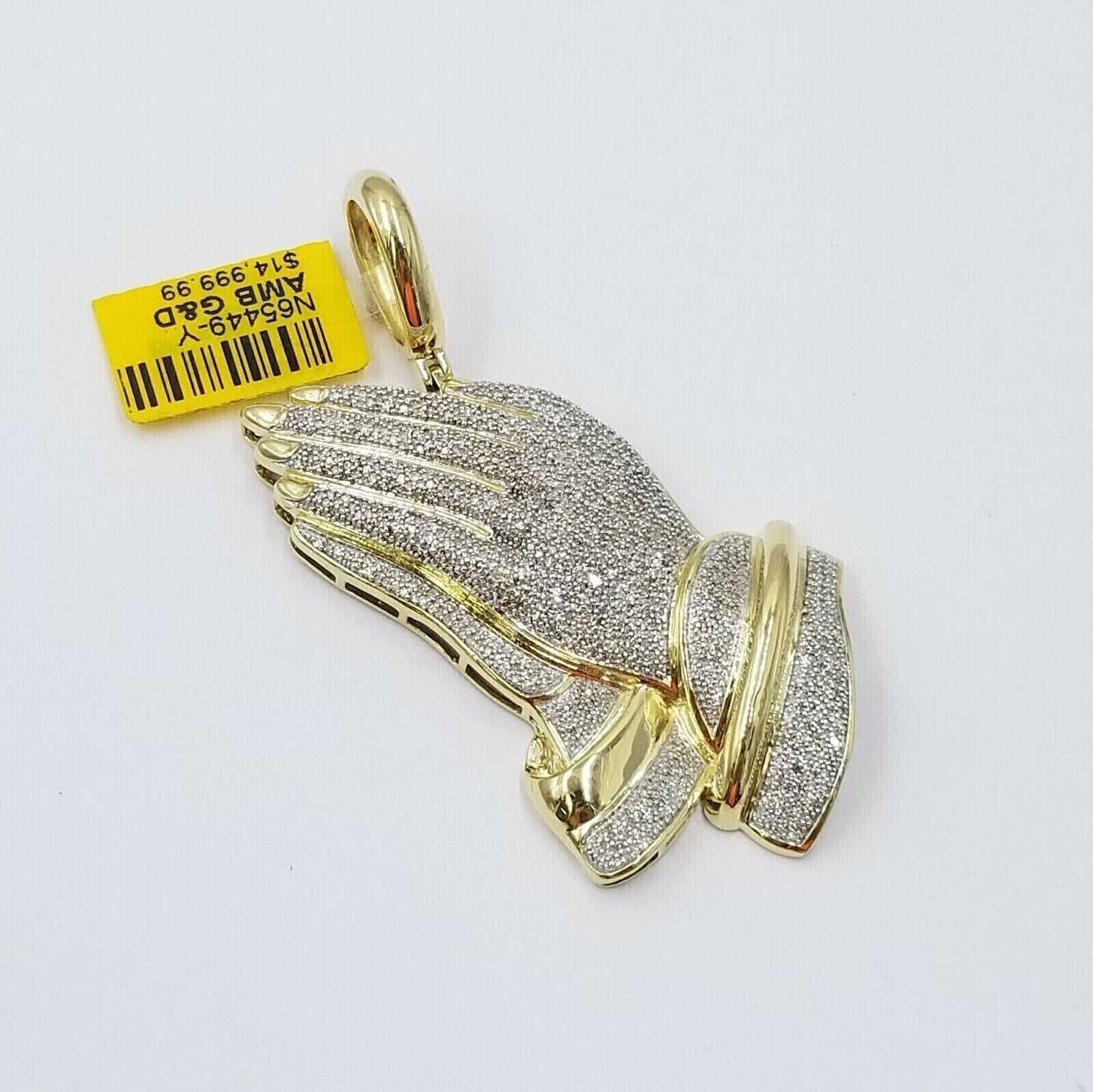 Real Diamonds Praying hand Charm Pendant 1.40CT, 2.4 Inch ,10KT Real Yellow Gold - Reva Jeweler