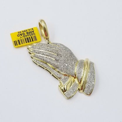 Real Diamonds Praying hand Charm Pendant 1.40CT, 2.4 Inch ,10KT Real Yellow Gold - Reva Jeweler