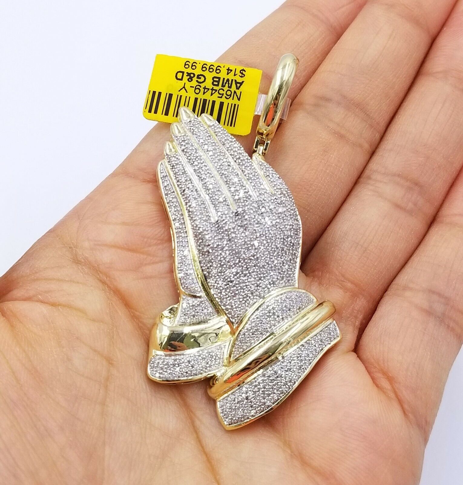 Real Diamonds Praying hand Charm Pendant 1.40CT, 2.4 Inch ,10KT Real Yellow Gold - Reva Jeweler