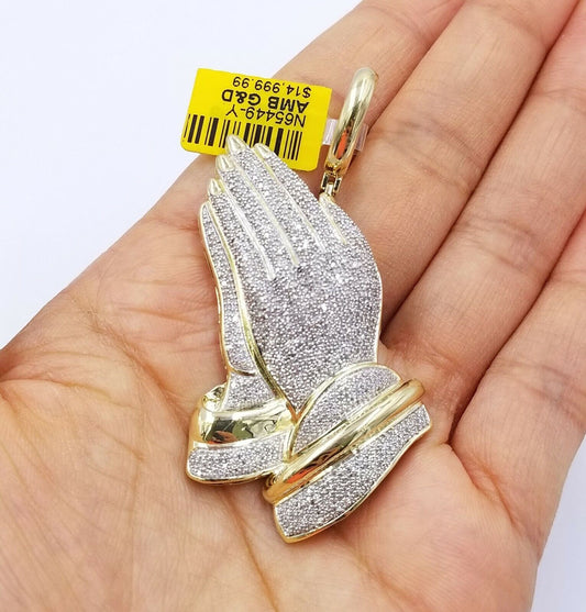 Real Diamonds Praying hand Charm Pendant 1.40CT, 2.4 Inch ,10KT Real Yellow Gold - Reva Jeweler