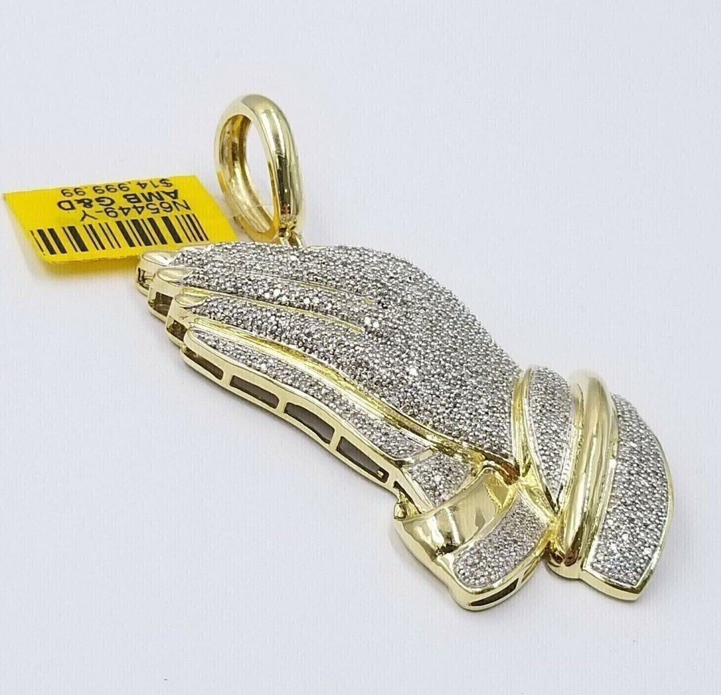 Real Diamonds Praying hand Charm Pendant 1.40CT, 2.4 Inch ,10KT Real Yellow Gold - Reva Jeweler