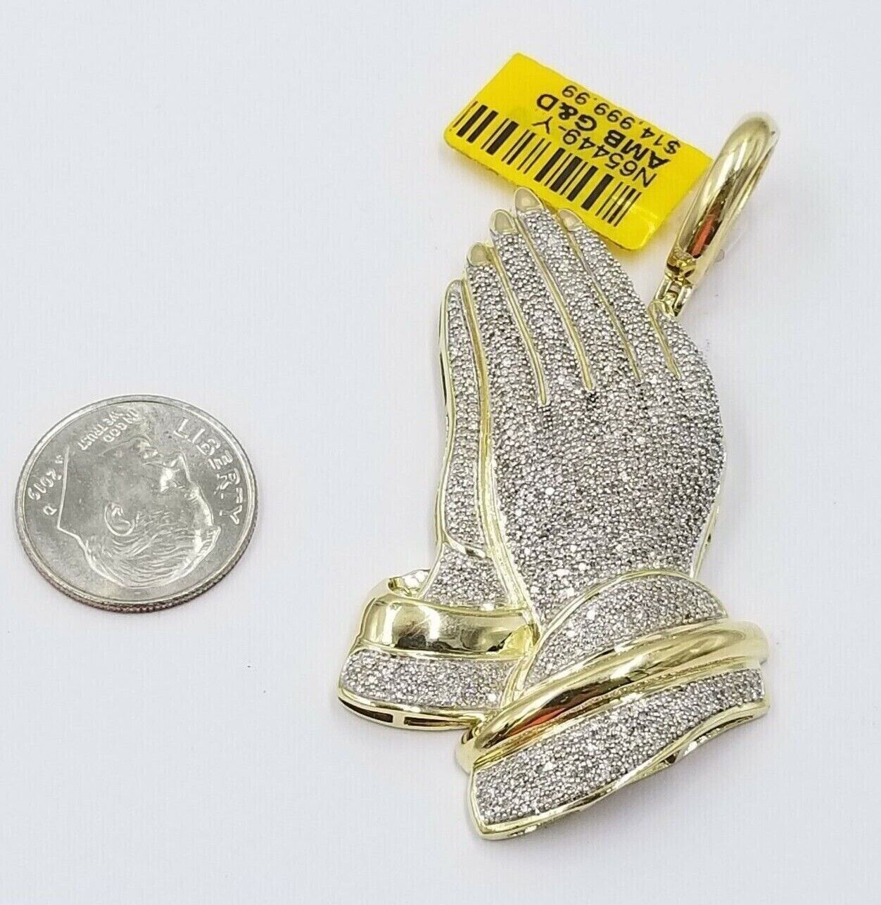 Real Diamonds Praying hand Charm Pendant 1.40CT, 2.4 Inch ,10KT Real Yellow Gold - Reva Jeweler