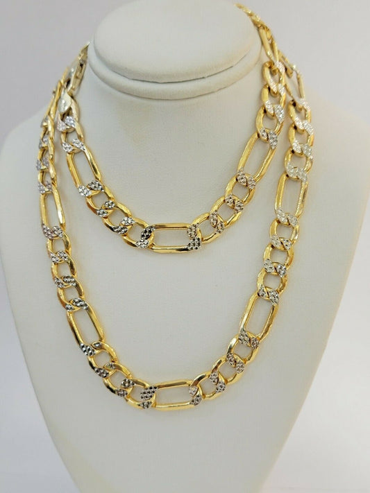 Real Gold 10k Figaro Necklace Men's Chain 9mm 24" Inch Yellow Gold Diamond Cuts - Reva Jeweler