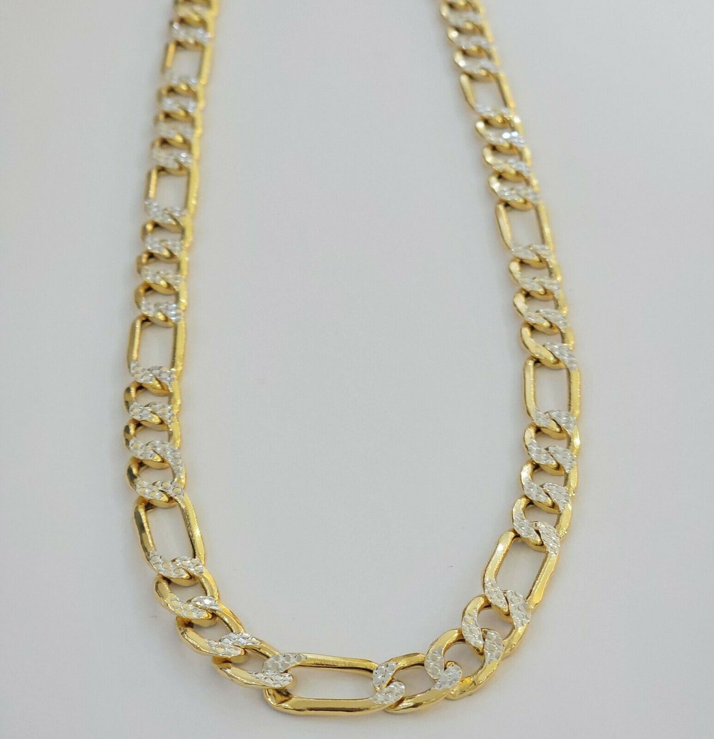 Real Gold 10k Figaro Necklace Men's Chain 9mm 24" Inch Yellow Gold Diamond Cuts - Reva Jeweler