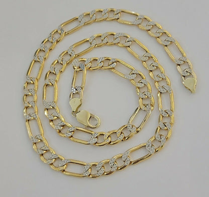 Real Gold 10k Figaro Necklace Men's Chain 9mm 24" Inch Yellow Gold Diamond Cuts - Reva Jeweler