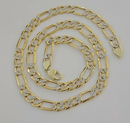 Real Gold 10k Figaro Necklace Men's Chain 9mm 24" Inch Yellow Gold Diamond Cuts - Reva Jeweler
