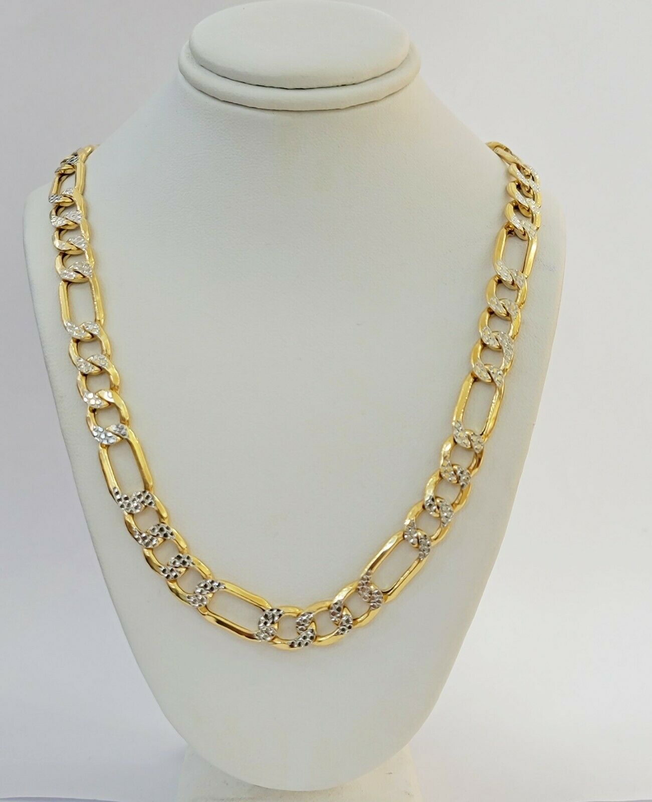 Real Gold 10k Figaro Necklace Men's Chain 9mm 24" Inch Yellow Gold Diamond Cuts - Reva Jeweler