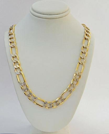 Real Gold 10k Figaro Necklace Men's Chain 9mm 24" Inch Yellow Gold Diamond Cuts - Reva Jeweler