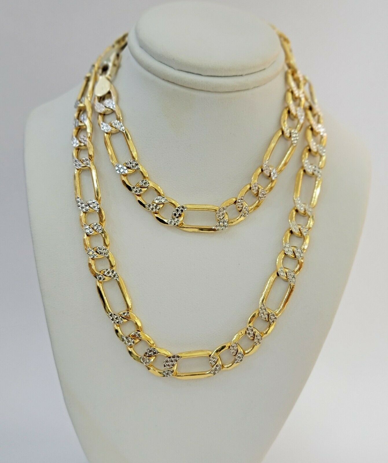 Real Gold 10k Figaro Necklace Men's Chain 9mm 24" Inch Yellow Gold Diamond Cuts - Reva Jeweler