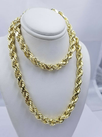 Real Gold 10k Rope Necklace Men' Chain 8mm 18" - 30" Inch Yellow Gold Diamond Cuts - Reva Jeweler