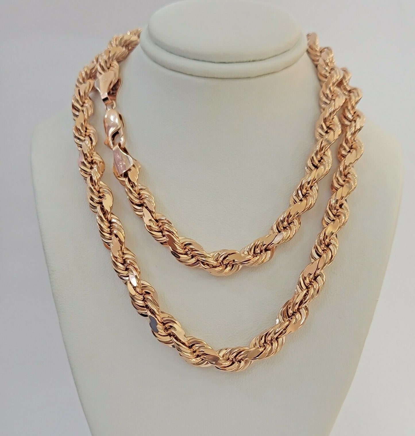 Real Gold 10k Rope Necklace Men Chain 8mm 22" - 30" Inch Rose Gold SOLID 10kt - Reva Jeweler