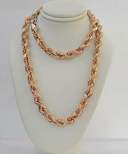 Real Gold 10k Rope Necklace Men Chain 8mm 22" - 30" Inch Rose Gold SOLID 10kt - Reva Jeweler