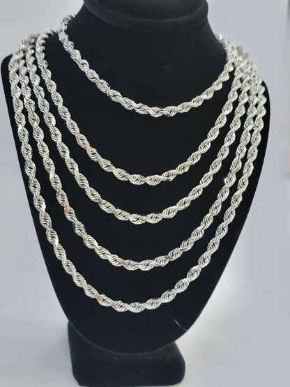 Real Gold 10k Rope Necklace Men's Chain 4mm 20" 22" 24" White Gold Diamond Cuts - Reva Jeweler