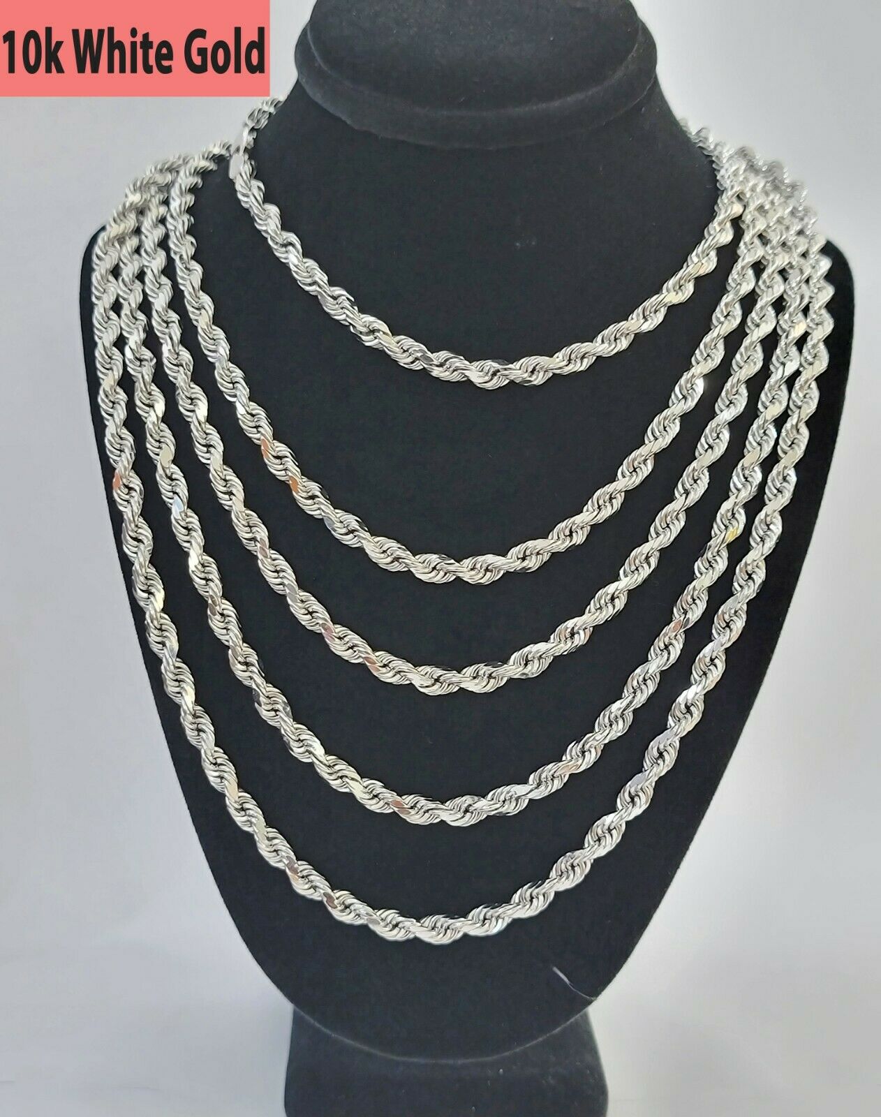 Real Gold 10k Rope Necklace Men's Chain 4mm 20" 22" 24" White Gold Diamond Cuts - Reva Jeweler