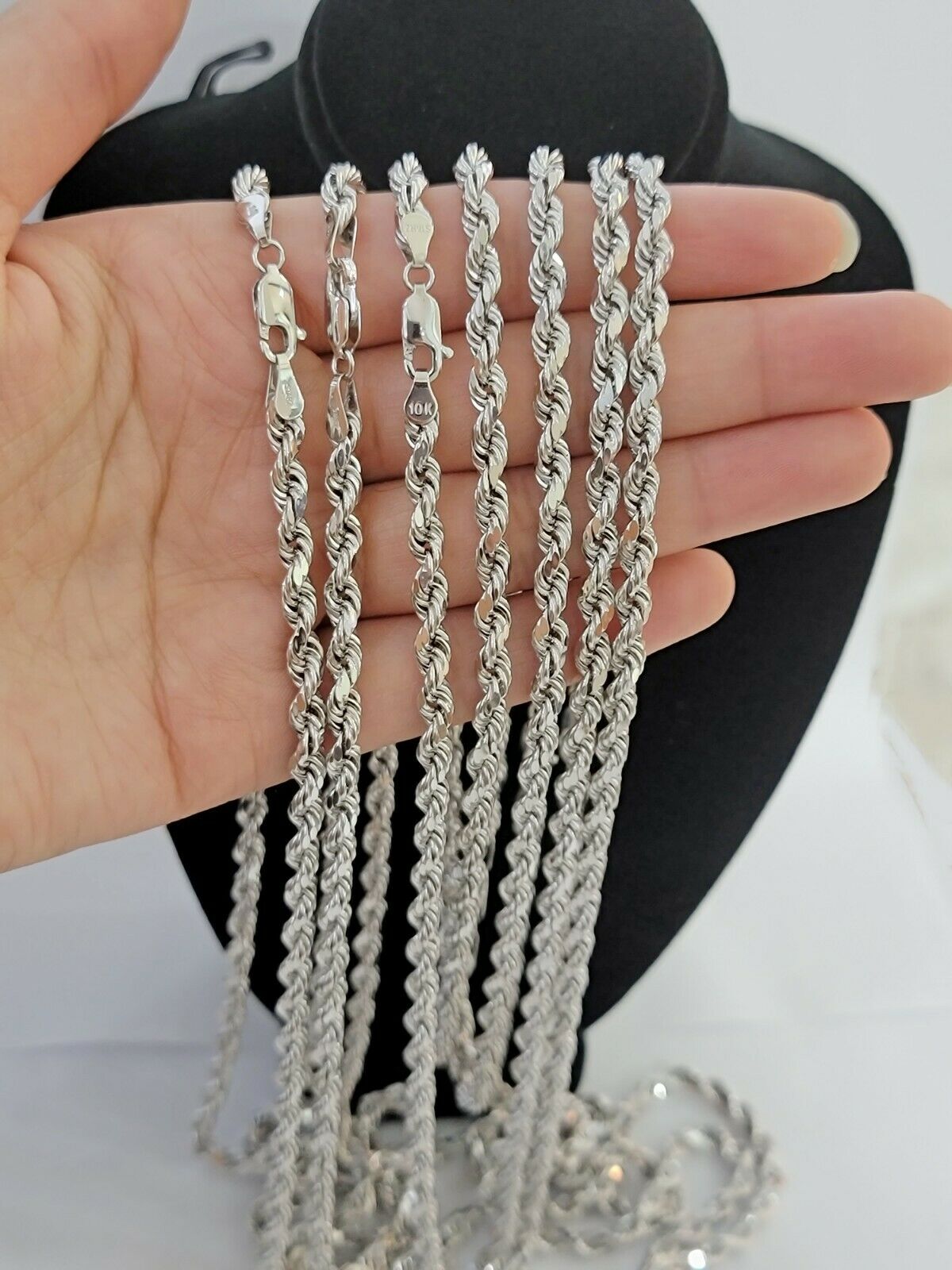 Real Gold 10k Rope Necklace Men's Chain 4mm 20" 22" 24" White Gold Diamond Cuts - Reva Jeweler