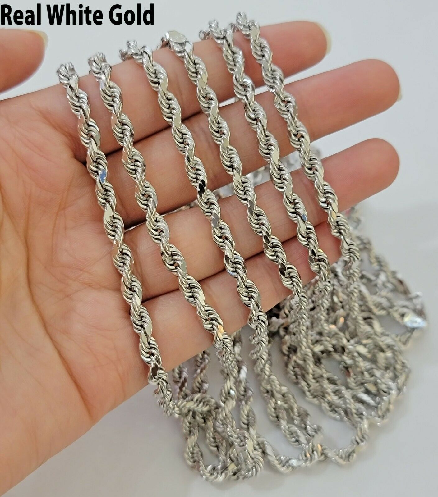 Real Gold 10k Rope Necklace Men's Chain 4mm 20" 22" 24" White Gold Diamond Cuts - Reva Jeweler
