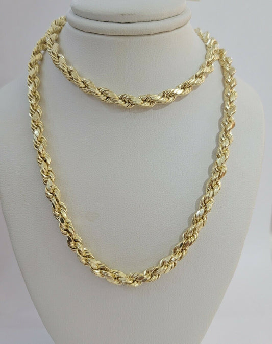 Real Gold 10k Rope Necklace Mens Chain 6mm 18" - 30" Inch Yellow Gold Diamond Cuts - Reva Jeweler