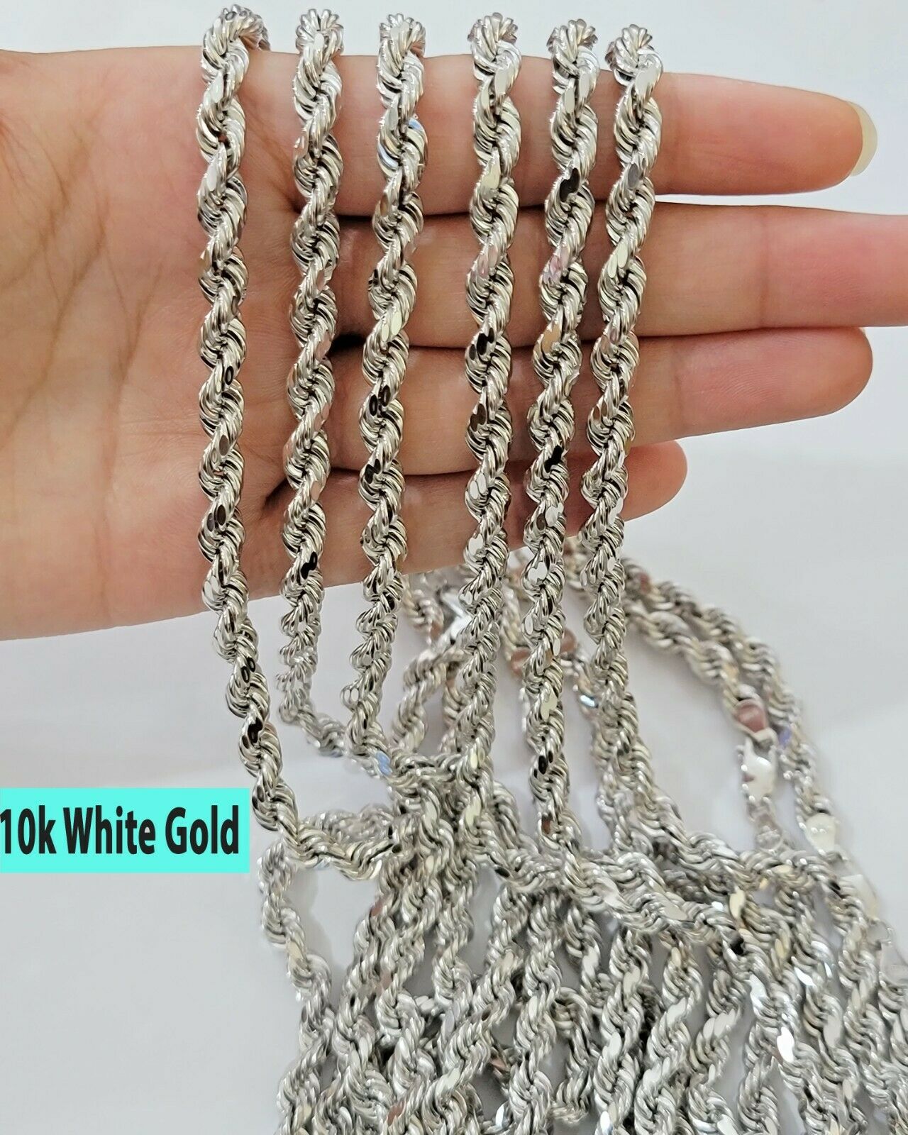 Real Gold 10k Rope Necklace Men's Chain 6mm 20" 22" 24" White Gold Diamond Cuts - Reva Jeweler