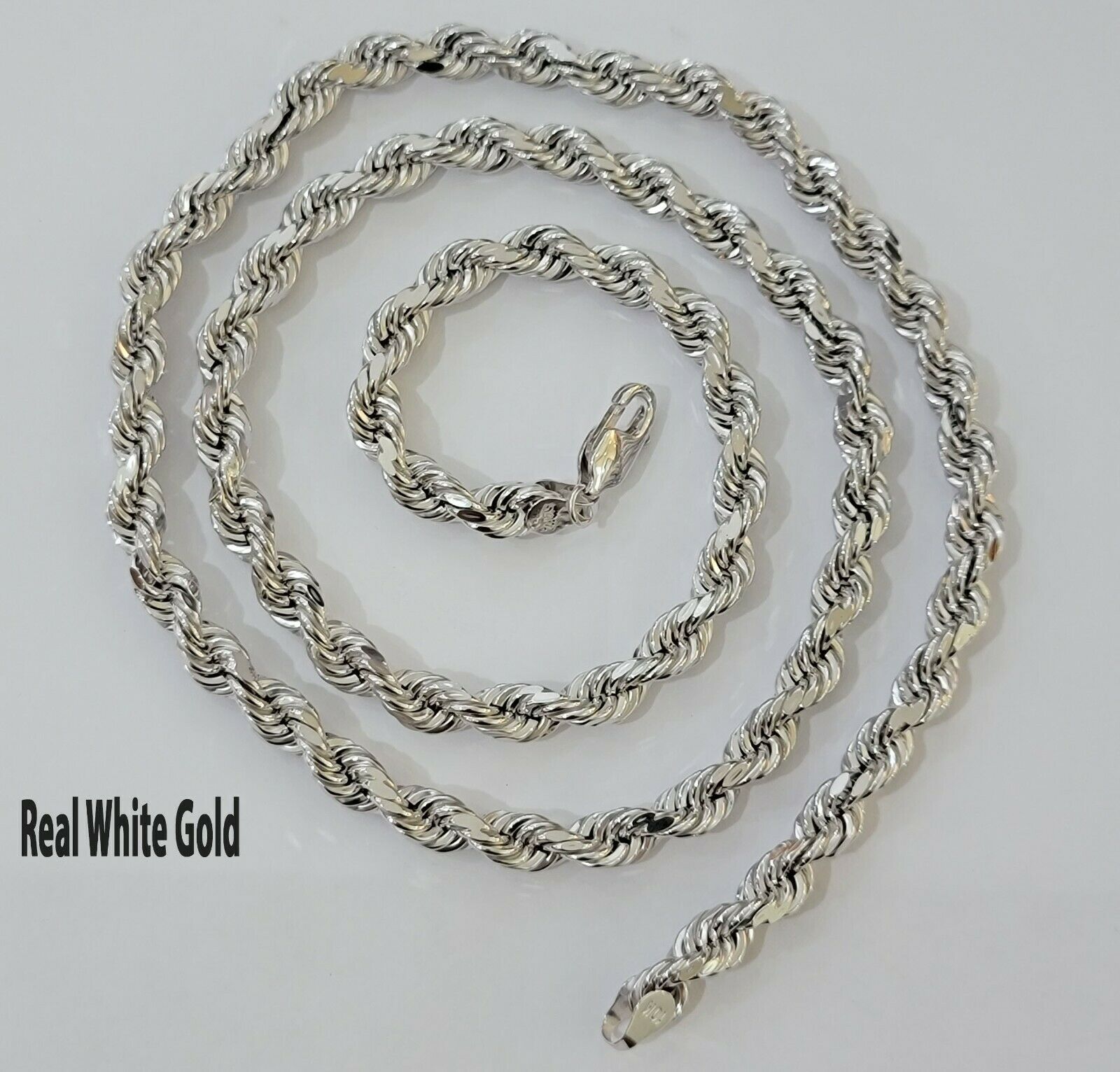 Real Gold 10k Rope Necklace Men's Chain 6mm 20" 22" 24" White Gold Diamond Cuts - Reva Jeweler