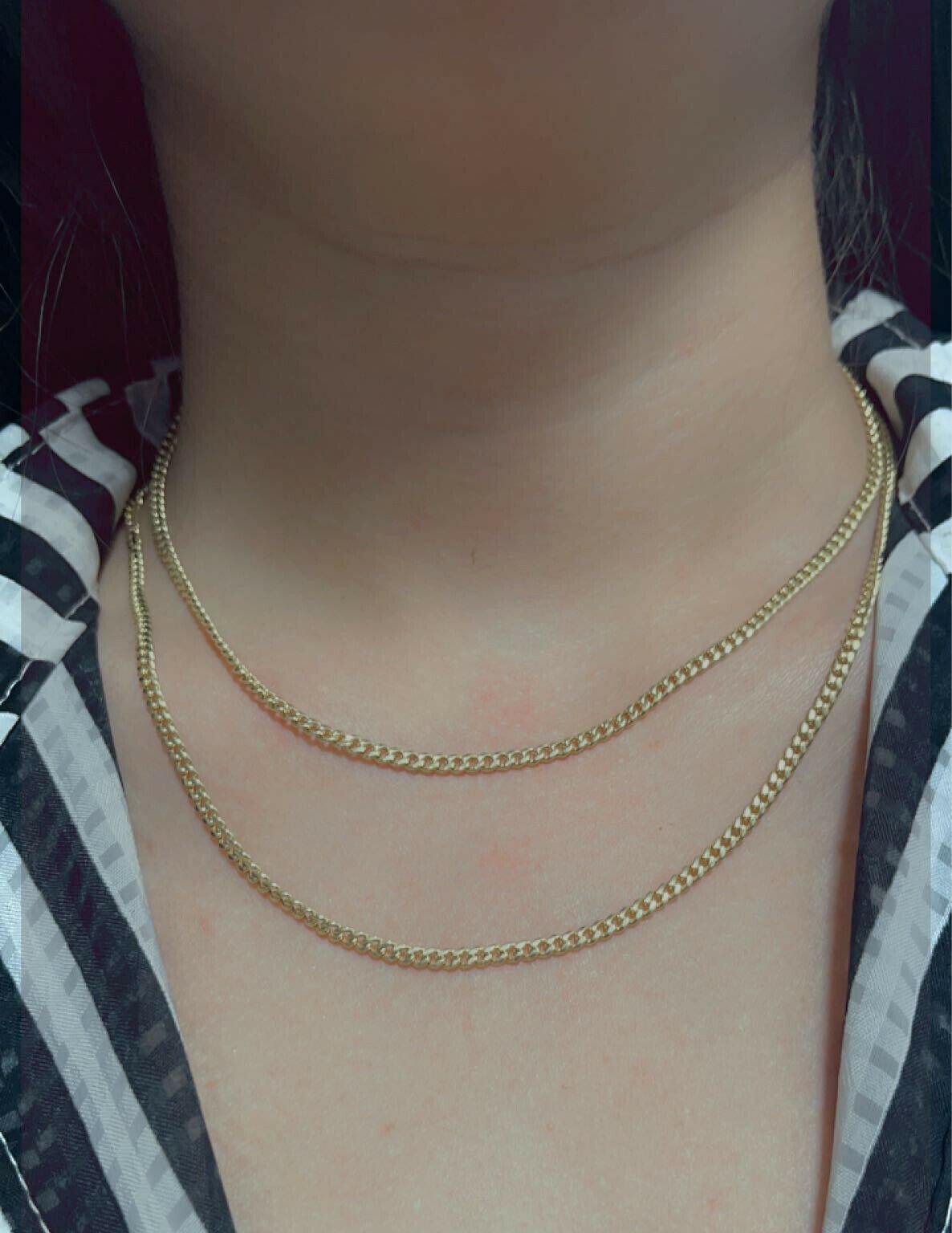 Real Gold 10kt Necklace Miami Cuban Link 16" 18" 2.5mm Women Layer Chain 2 piece - Reva Jeweler