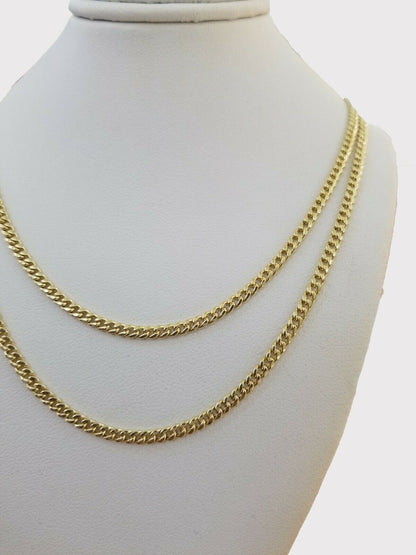 Real Gold 10kt Necklace Miami Cuban Link 16" 18" 2.5mm Women Layer Chain 2 piece - Reva Jeweler