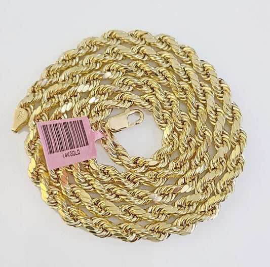 Real Gold 14k Rope Necklace Mens Chain 5mm 20" - 26" Yellow Gold Diamond Cuts 10KT - Reva Jeweler