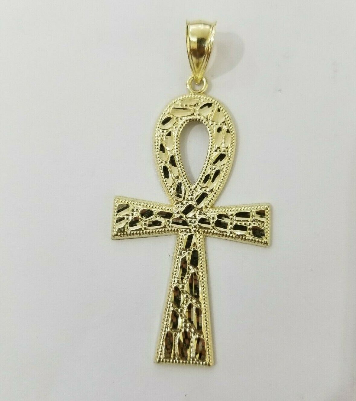 Real Gold Ankh Cross Charm Pendant 10k Yellow Gold Nugget Diamond Cuts Men Women - Reva Jeweler