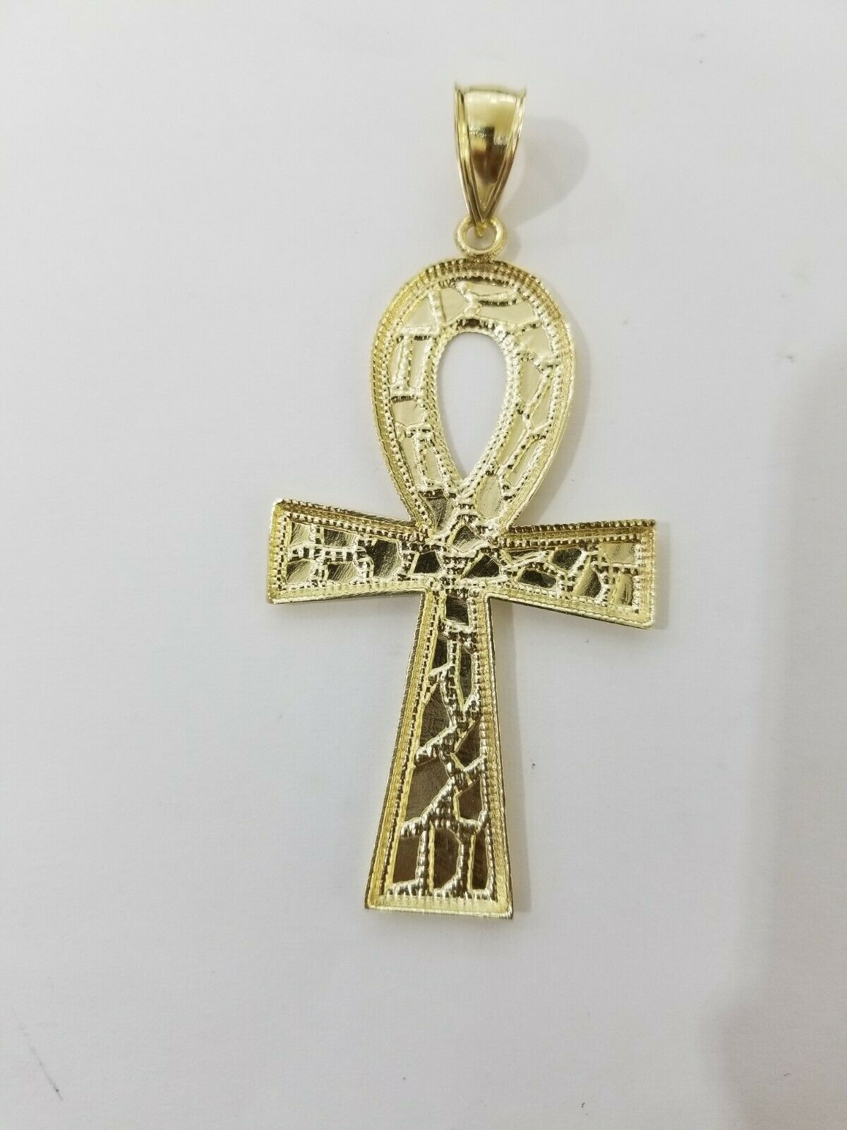 Real Gold Ankh Cross Charm Pendant 10k Yellow Gold Nugget Diamond Cuts Men Women - Reva Jeweler